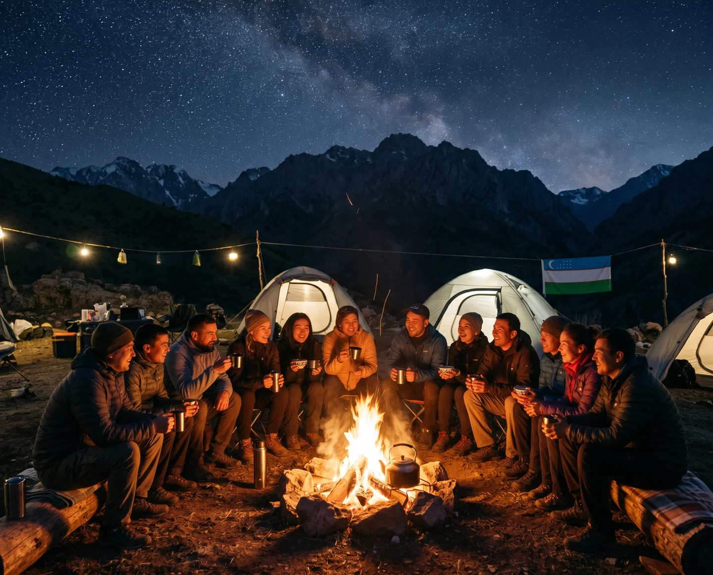 Group of people gathered around a campfire at night in a mountain campsite with tents, string lights, and a star-filled sky in the background.