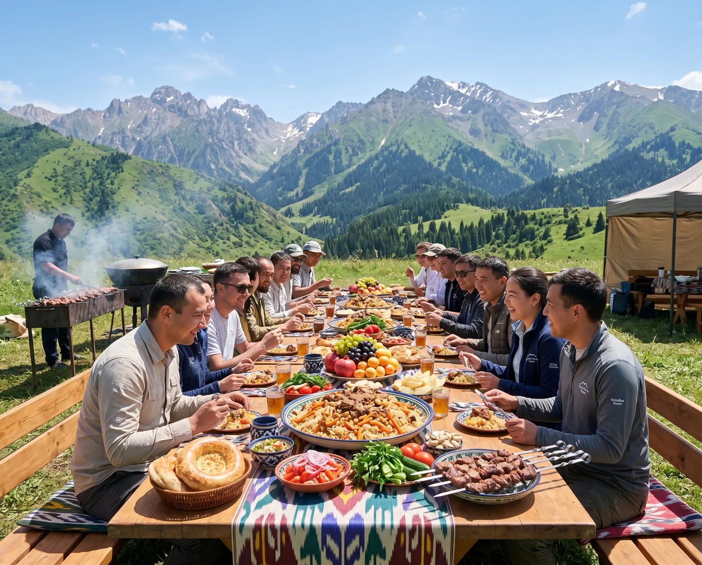Group of people sharing a long outdoor feast on a wooden table in a green mountain meadow, with grilled food, fruit, and drinks.
