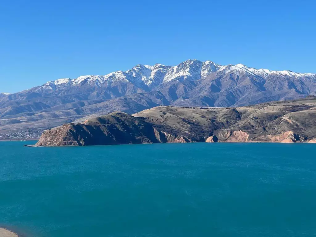 Snow-capped mountains rise behind a rugged coastline and turquoise bay under a clear blue sky.”](https://example.com)