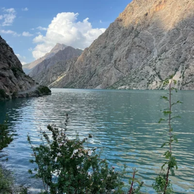 Turquoise lake framed by steep rocky cliffs and a bright blue sky, with foreground shrubs and flowers.